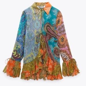 ZARA Paisley Printed Boho Collared Multicolor Ruffle Flare Blouse Top NWT S